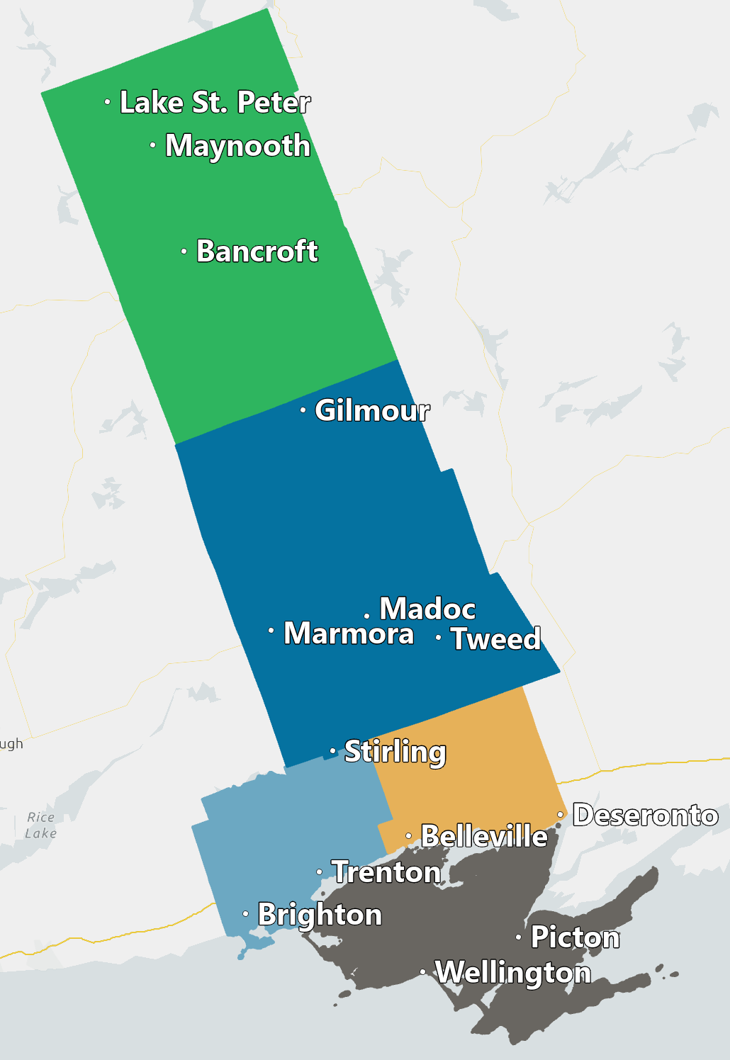 A regional map identifying the Hastings Prince Edward various communities.